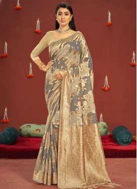 Cotton Beige and Grey Woven Work Contemporary Style Saree