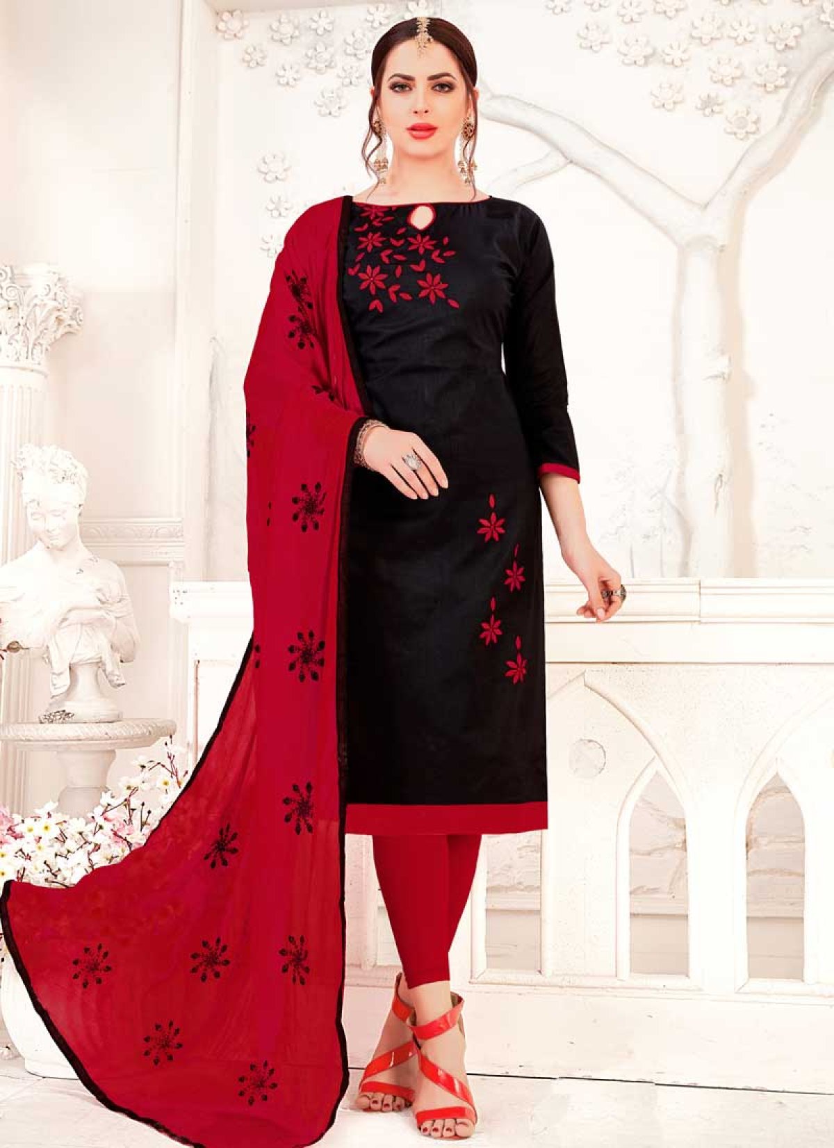 Shop Cotton Black and Red Churidar Salwar Kameez Online