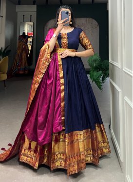 Cotton Blend Fuchsia and Navy Blue Readymade Long Length Gown