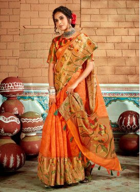 Cotton Brown and Orange Traditional Designer Saree