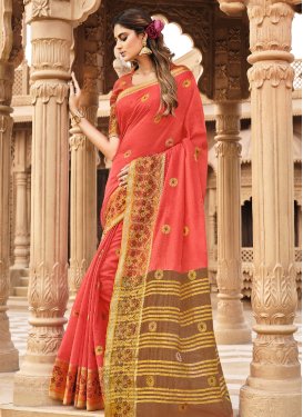 Cotton Brown and Salmon Woven Work Trendy Classic Saree