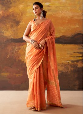 Cotton Classic Saree in Orange with Woven Work for Women