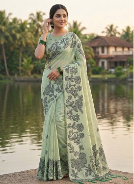 Cotton Classic Saree with Digital Print Work for Women in Sea Green