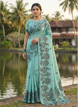 Cotton Classic Saree with Digital Print Work in Aqua Blue