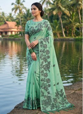Cotton Classic Saree with Digital Print Work in Turquoise