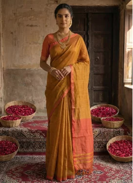 Cotton Classic Saree with Woven Work for Women in Orange and Salmon