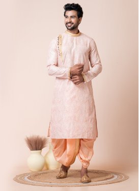 Cotton Dhoti Kurta with Digital Print Work for Men in Peach and Salmon