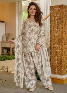 Cotton Digital Print Work Readymade Salwar Suit in Off White