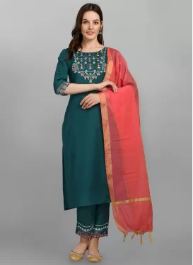 Cotton Embroidered Work Readymade Salwar Suit in Teal