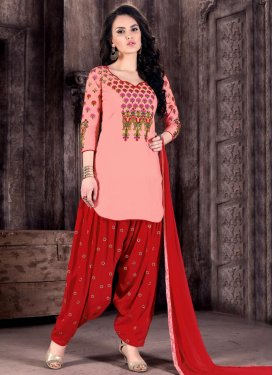 Cotton Embroidered Work Red and Salmon Patiala Salwar Kameez For Festival