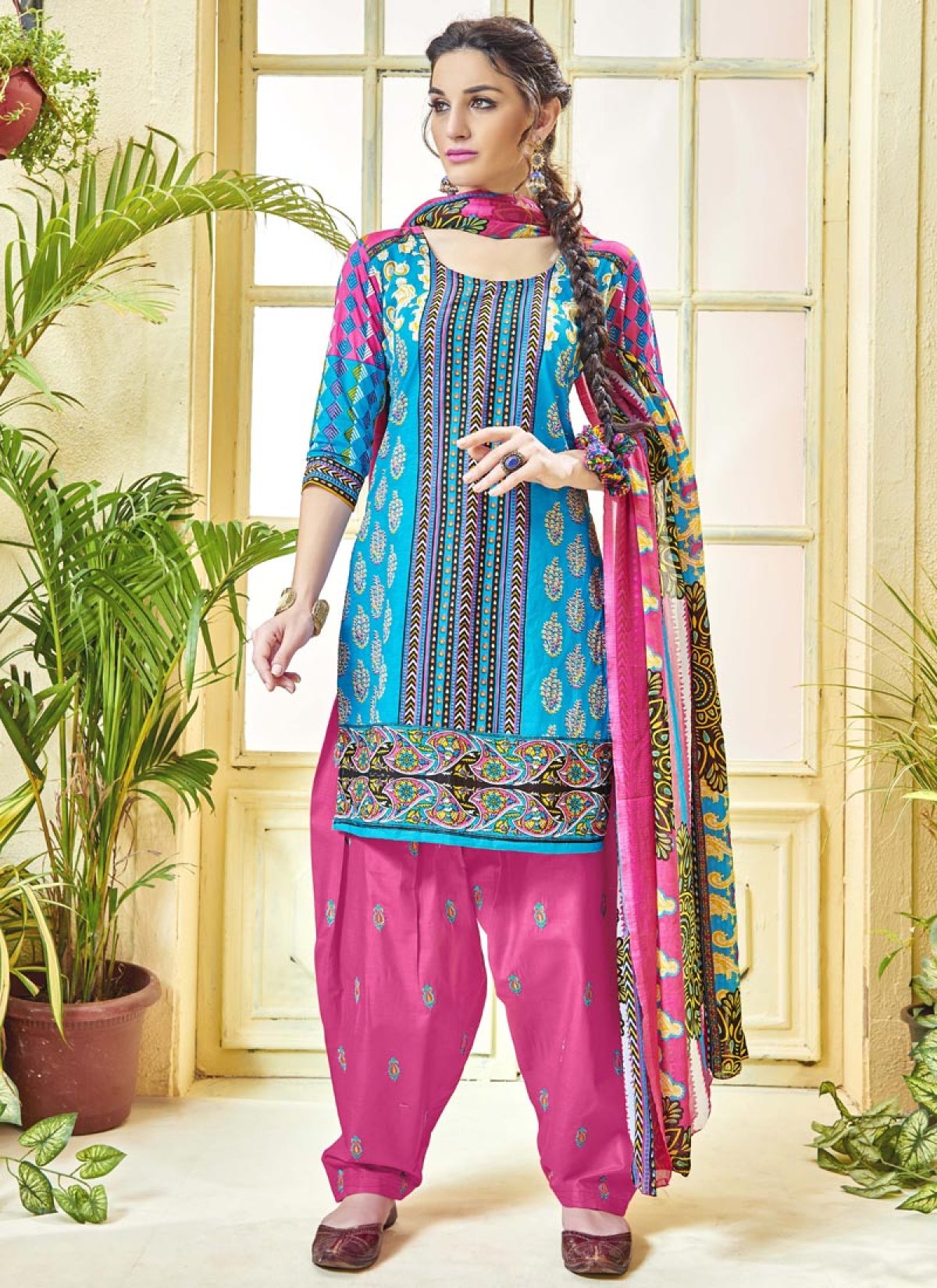 Buy Cotton Hot Pink and Light Blue Patiala Salwar Kameez Online