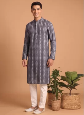 Cotton Kurta Pajama in Grey and Off White with Digital Print Work for Festival