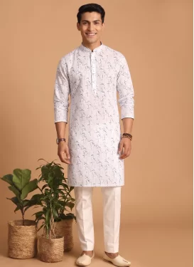 Cotton Kurta Pajama in Off White with Digital Print Work for Ceremonial