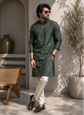 Cotton Kurta Pajama with Chicken Work in Bottle Green and White for Festival