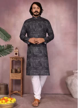 Cotton Kurta Pajama with Digital Print Work for Ceremonial in Black and White