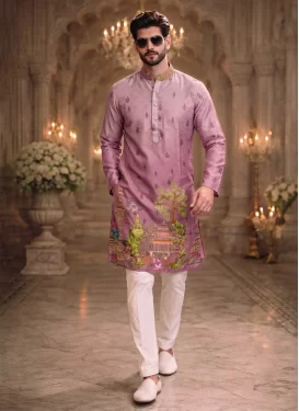 Cotton Kurta Pajama with Digital Print Work for Festival in Mauve Pink and Off White