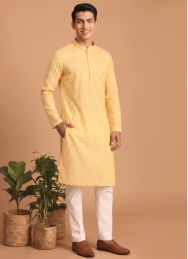 Cotton Kurta Pajama with Digital Print Work in White and Yellow for Ceremonial