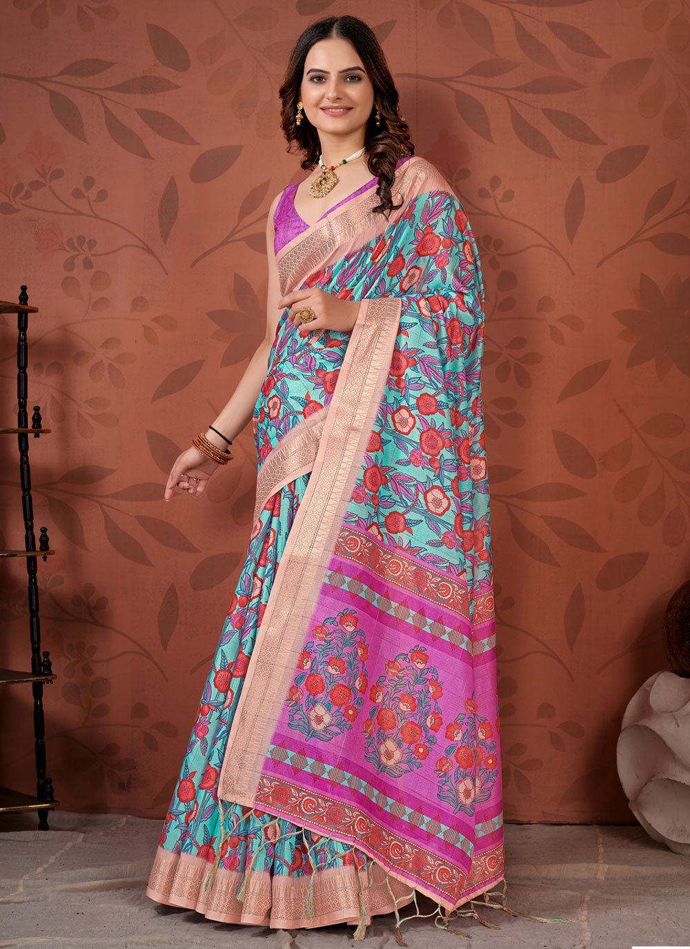 Cotton Mauve and Turquoise Trendy Classic Saree For Ceremonial