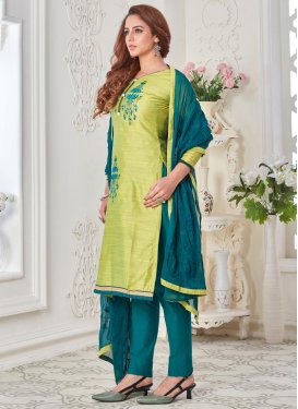Cotton Mint Green and Teal Embroidered Work Pant Style Salwar Suit