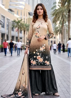 Cotton Palazzo Suit in Beige and Black with Digital Print Work for Women