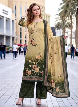 Cotton Palazzo Suit with Digital Print Work for Women in Bottle Green and Cream