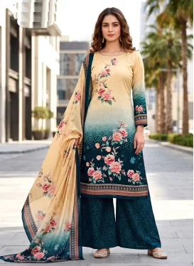 Cotton Palazzo Suit with Digital Print Work in Cream and Teal for Festival