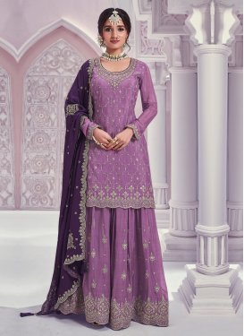 Cotton Palazzo Suit with Embroidered Work in Violet for Festival