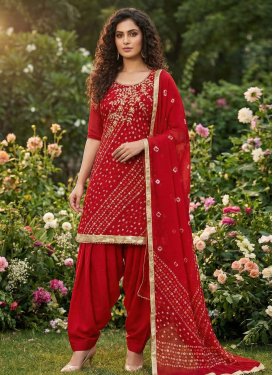 Cotton Punjabi Salwar Suit in Red with Bandhani Print Work for Women