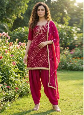 Cotton Punjabi Salwar Suit with Bandhani Print Work in Fuchsia