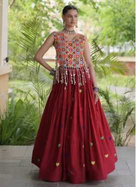 Cotton Readymade Lehenga Choli in Red with Embroidered Work for Festival