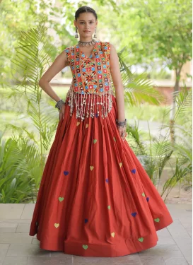 Cotton Readymade Lehenga Choli with Embroidered Work for Festival in Orange