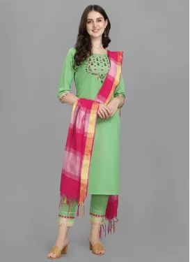 Cotton Readymade Salwar Suit with Embroidered Work in Mint Green for Festival