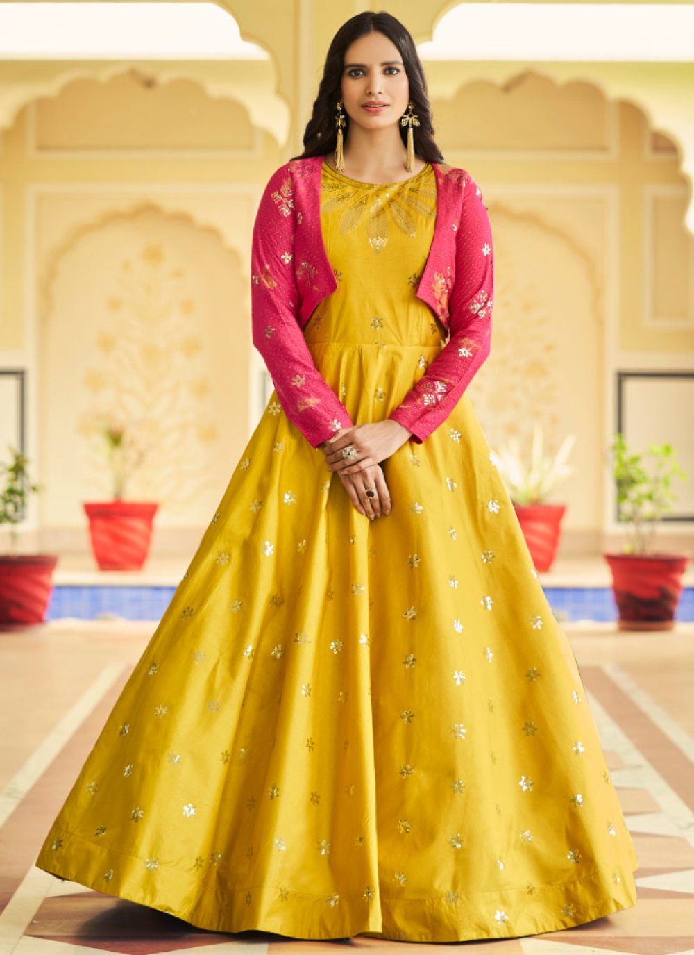 Cotton Rose Pink and Yellow Embroidered Work Floor Length Trendy Gown
