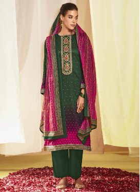 Cotton Satin Fuchsia and Green Designer Straight Salwar Suit