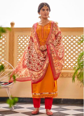 Cotton Satin Orange and Red Pant Style Pakistani Salwar Kameez