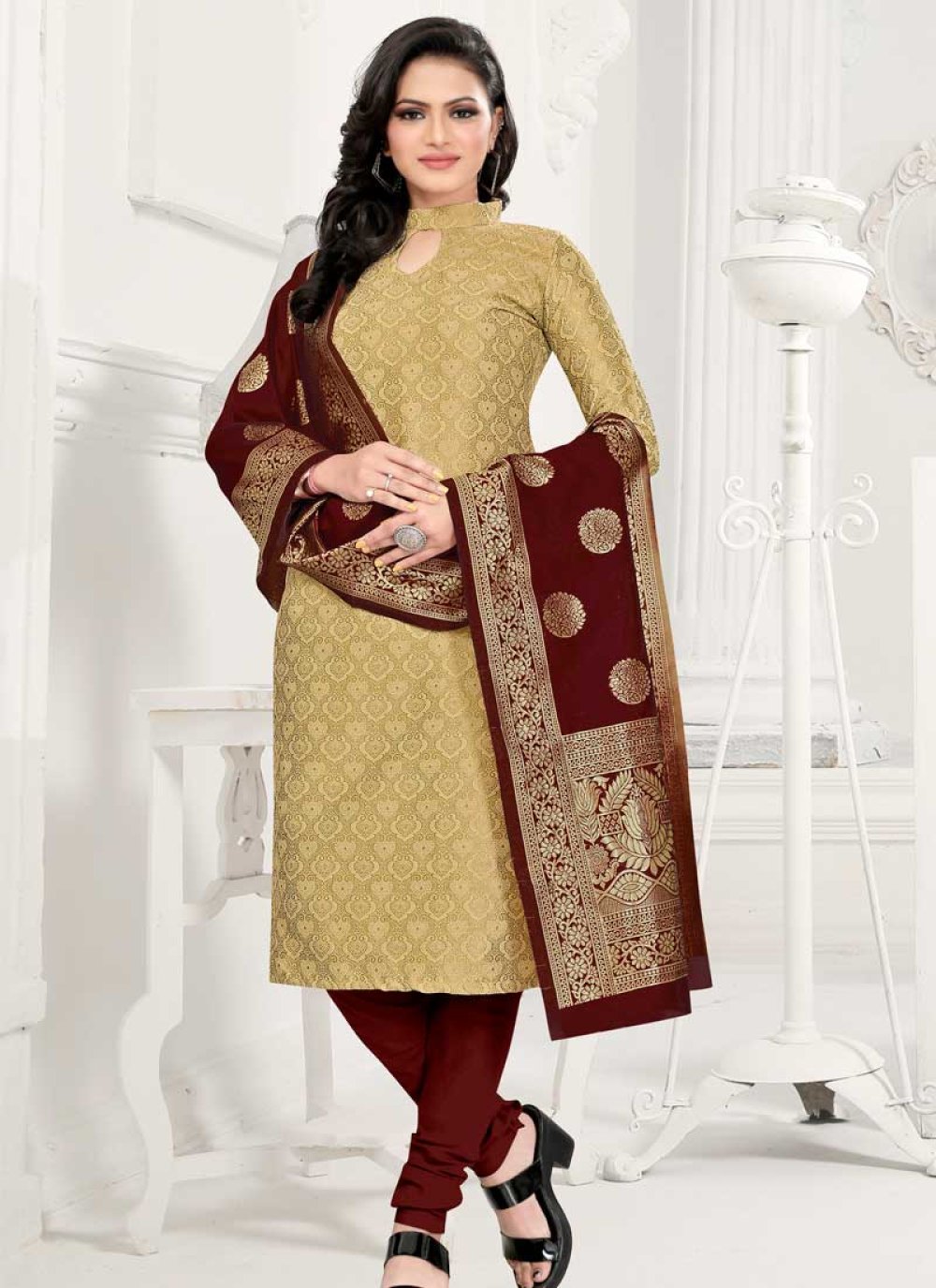 Buy Cotton Silk Beige and Maroon Woven Work Trendy Churidar Salwar Suit  Online