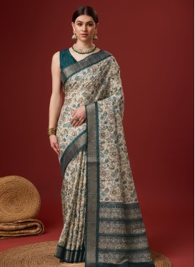 Cotton Silk Beige and Teal Print Work Trendy Classic Saree