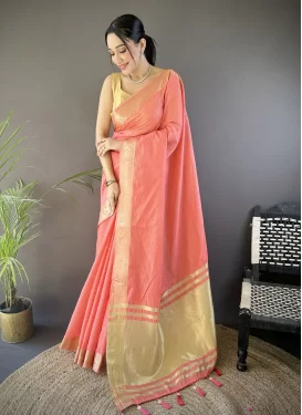 Cotton Silk Classic Saree in Salmon with Woven Work for Ceremonial