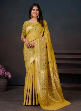 Cotton Silk Classic Saree in Yellow with Woven Work for Festival