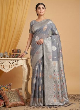 Cotton Silk Classic Saree with Woven Work for Casual in Grey