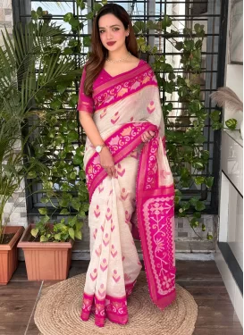 Cotton Silk Classic Saree with Woven Work for Women in Off White and Rose Pink