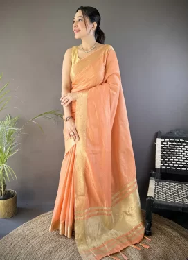 Cotton Silk Classic Saree with Woven Work for Women in Peach