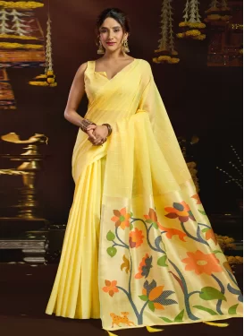Cotton Silk Classic Saree with Woven Work for Women in Yellow