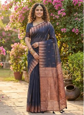 Cotton Silk Classic Saree with Woven Work in Navy Blue