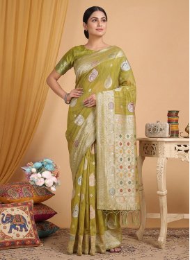 Cotton Silk Classic Saree with Woven Work in Olive