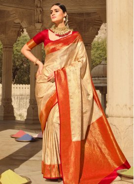 Cotton Silk Cream and Red Woven Work Trendy Classic Saree