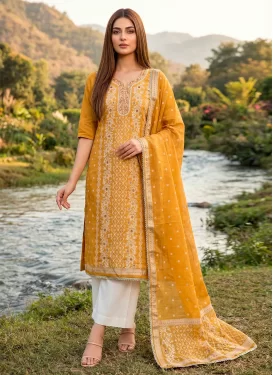 Cotton Silk Cutdana Work Straight Suit in Mustard