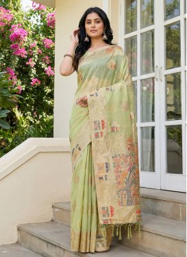 Cotton Silk Digital Print Work Traditional Saree in Mint Green