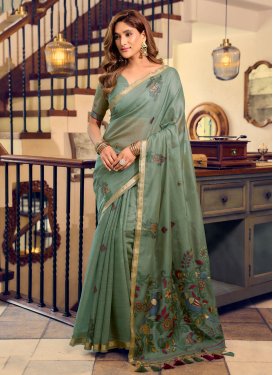 Cotton Silk Digital Print Work Trendy Saree in Sea Green
