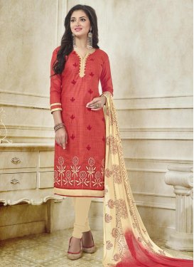 Cotton Silk Embroidered Work Cream and Red Trendy Churidar Salwar Suit For Casual